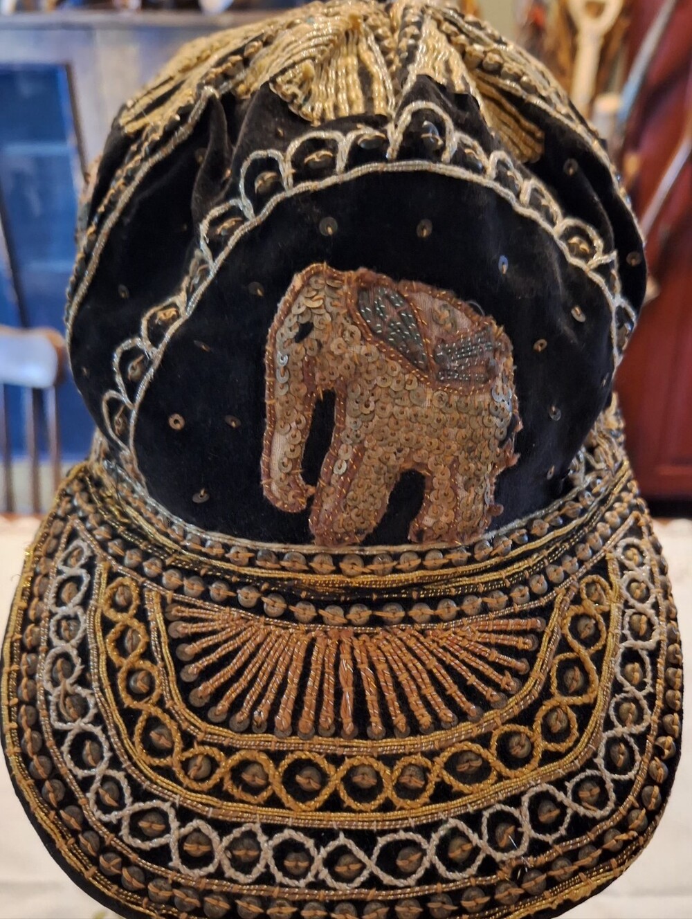 Vintage Embroidered Elephant Velvet Accent Cap in 3-D Black and Gold - Picture 5 of 6